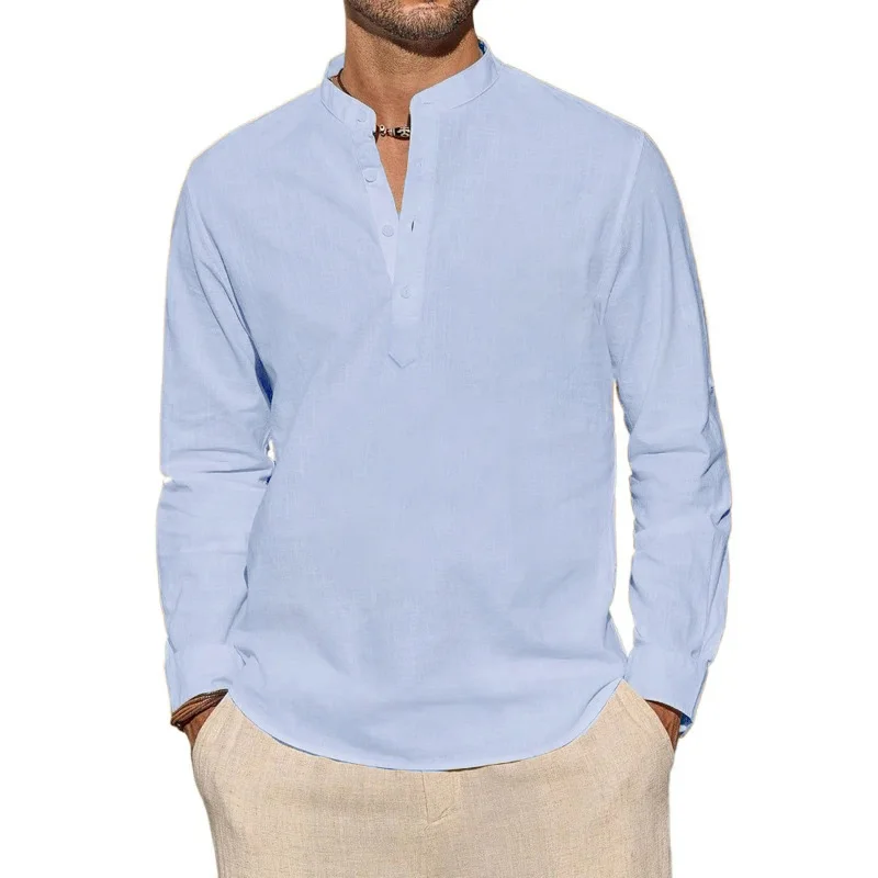 メンズ長袖Tシャツ カジュアル 軽量 通気性 ヘンリーネック - Mens Linen Shirt Long Sleeve のレビューと価格