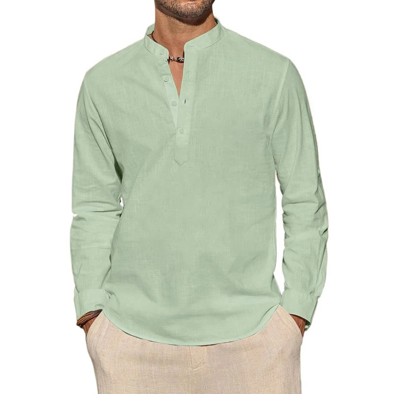 メンズ長袖Tシャツ カジュアル 軽量 通気性 ヘンリーネック - Mens Linen Shirt Long Sleeve のレビューと価格