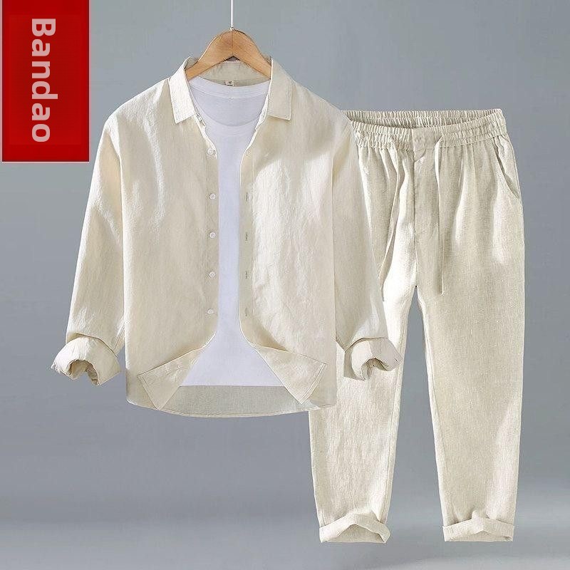 リネン素材のメンズカジュアル半袖シャツと長ズボンの2点セット - Mens Linen Shirt Long Sleeve のレビューと価格