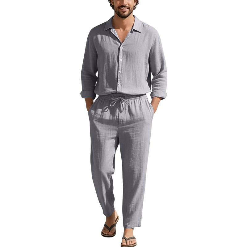 春夏リネンカジュアルセットゆったりビーチ長袖シャツ+ロングパ - Mens Linen Shirt Long Sleeve のレビューと価格